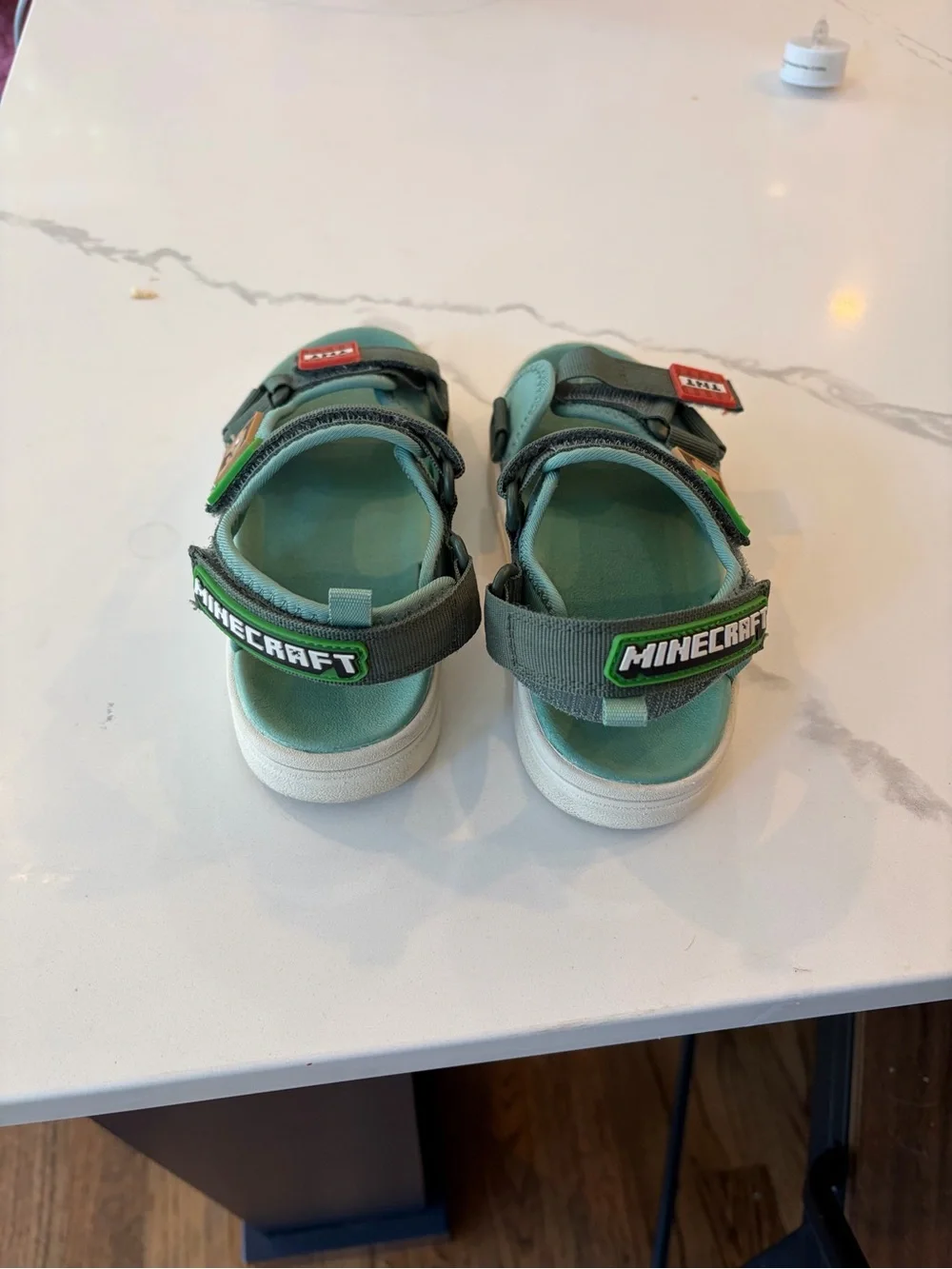 H&M Minecraft Teal Kids Open-Toe Sandals with Game Patch Details - Size 12